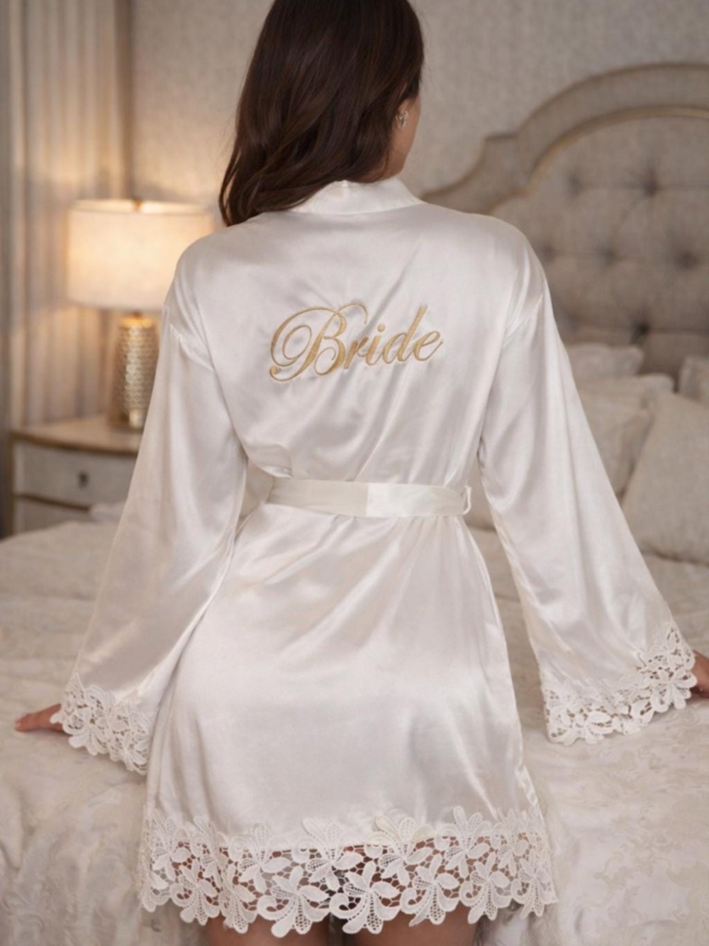 Bride Satin Lace Robe in Ivory - Bridal Getting Ready robe with gold embroidery